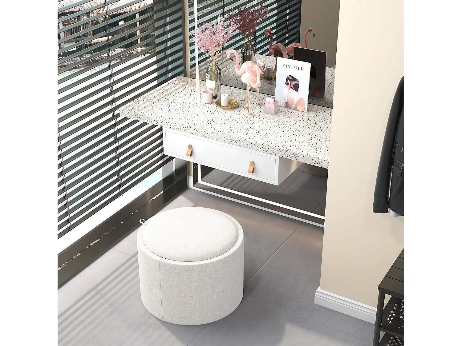 Pouf Rembourré Rond, Avec Rangement, Tissu Lin, Crème (56x56x42 cm)