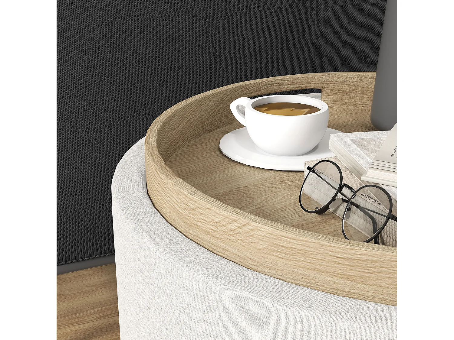 Pouf Rembourré Rond, Avec Rangement, Tissu Lin, Crème (56x56x42 cm)