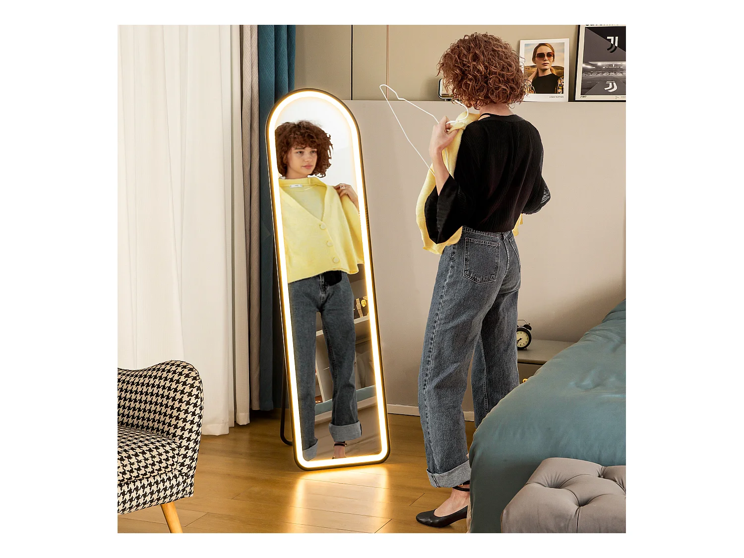 Miroir sur pied pleine longueur avec éclairage LED, 3 teintes, verre trempé, noir (150x40x3cm)