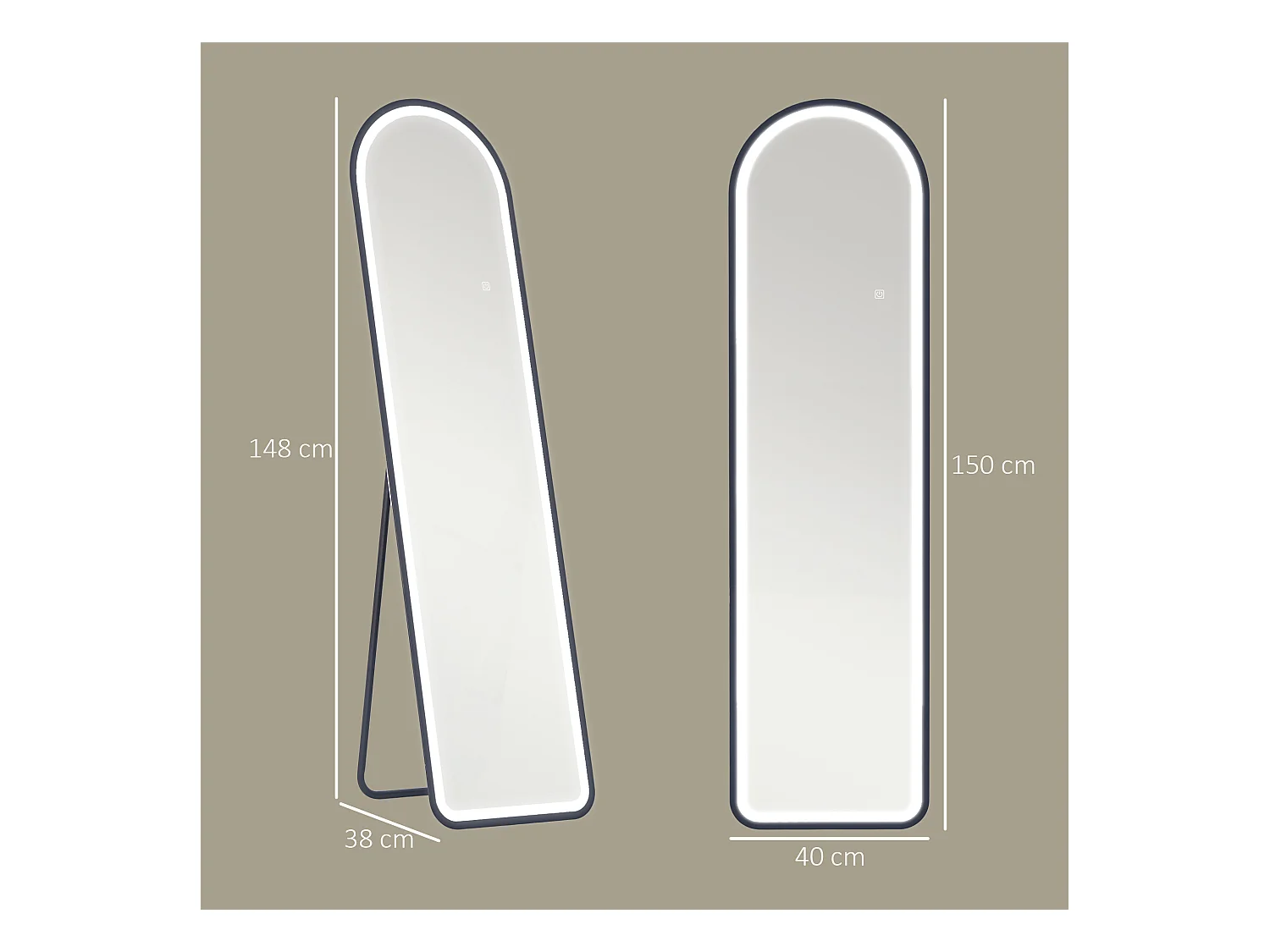 Miroir sur pied pleine longueur avec éclairage LED, 3 teintes, verre trempé, noir (150x40x3cm)