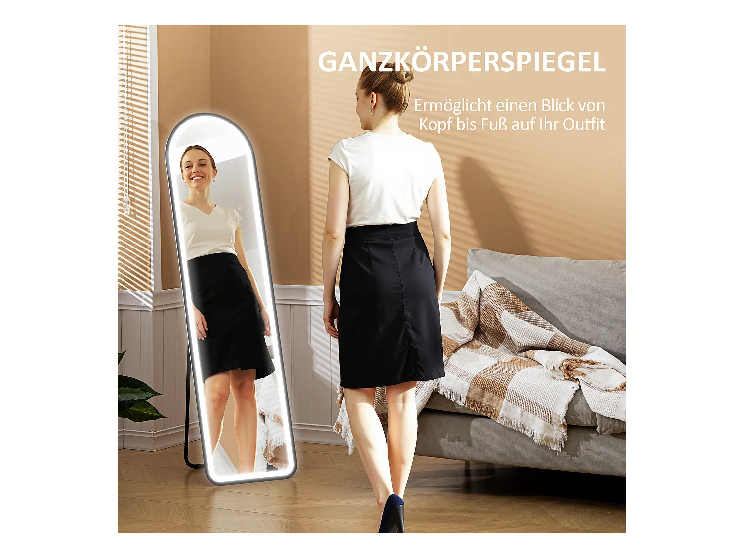 Miroir sur pied pleine longueur avec éclairage LED, 3 teintes, verre trempé, noir (150x40x3cm)