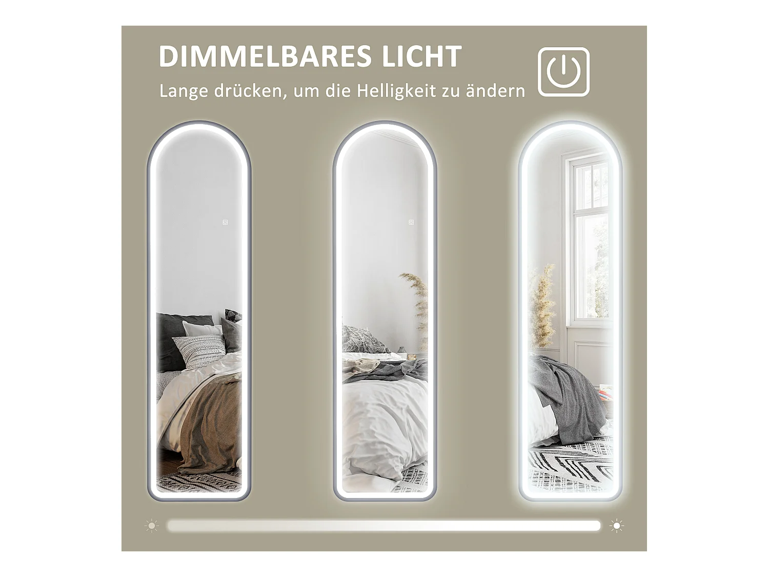 Miroir sur pied pleine longueur avec éclairage LED, 3 teintes, verre trempé, noir (150x40x3cm)