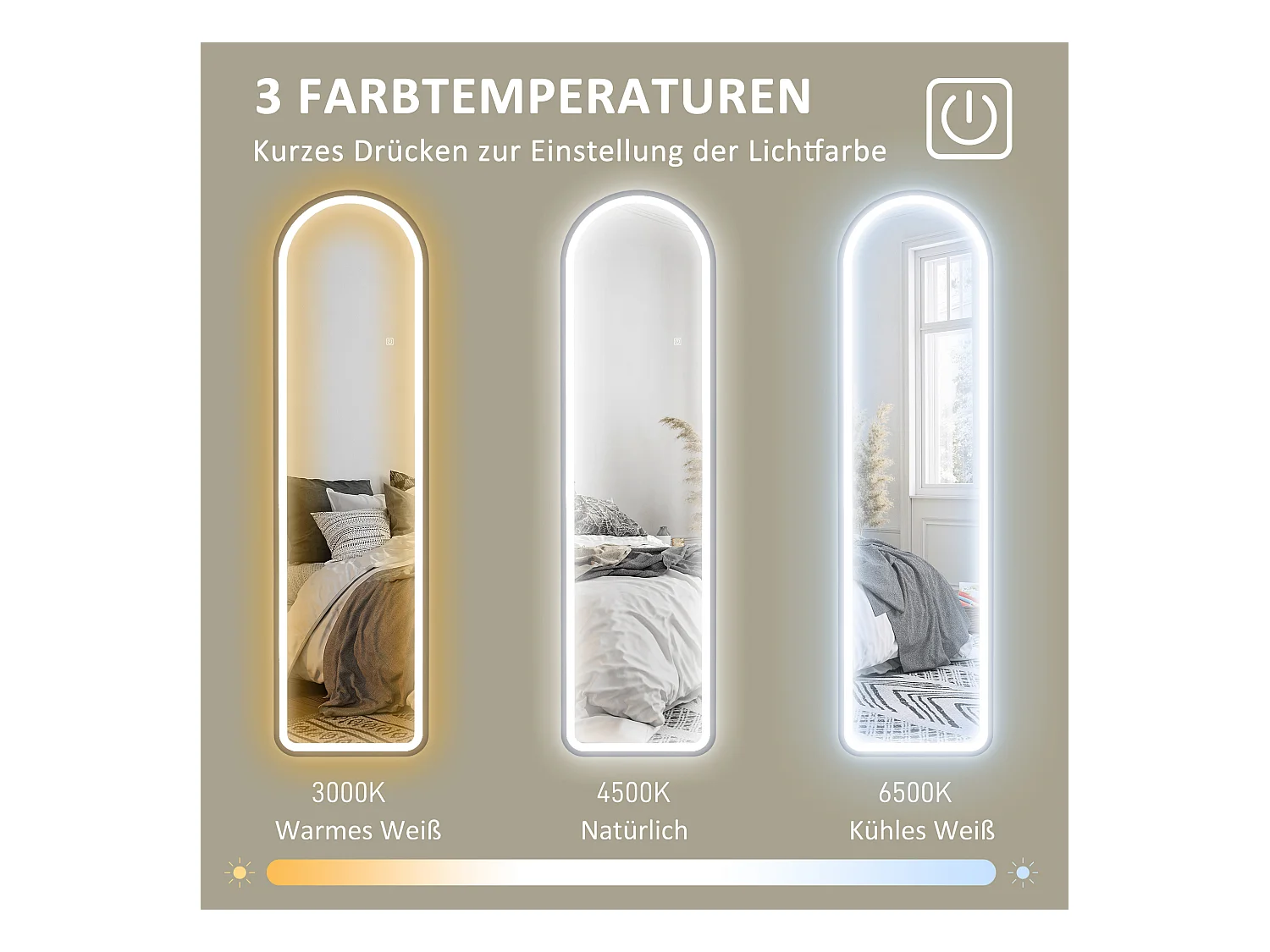 Miroir sur pied pleine longueur avec éclairage LED, 3 teintes, verre trempé, noir (150x40x3cm)