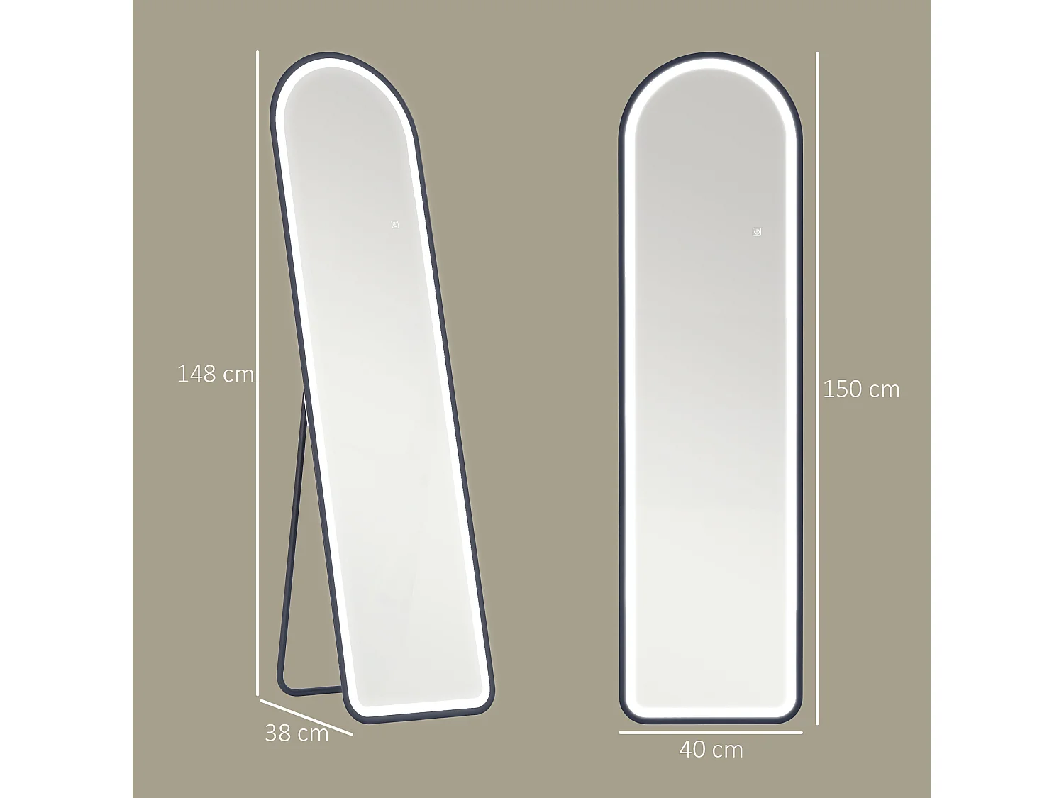 Specchio da terra a figura intera con illuminazione a LED, 3 paralumi, vetro temperato, nero (150x40x3cm)