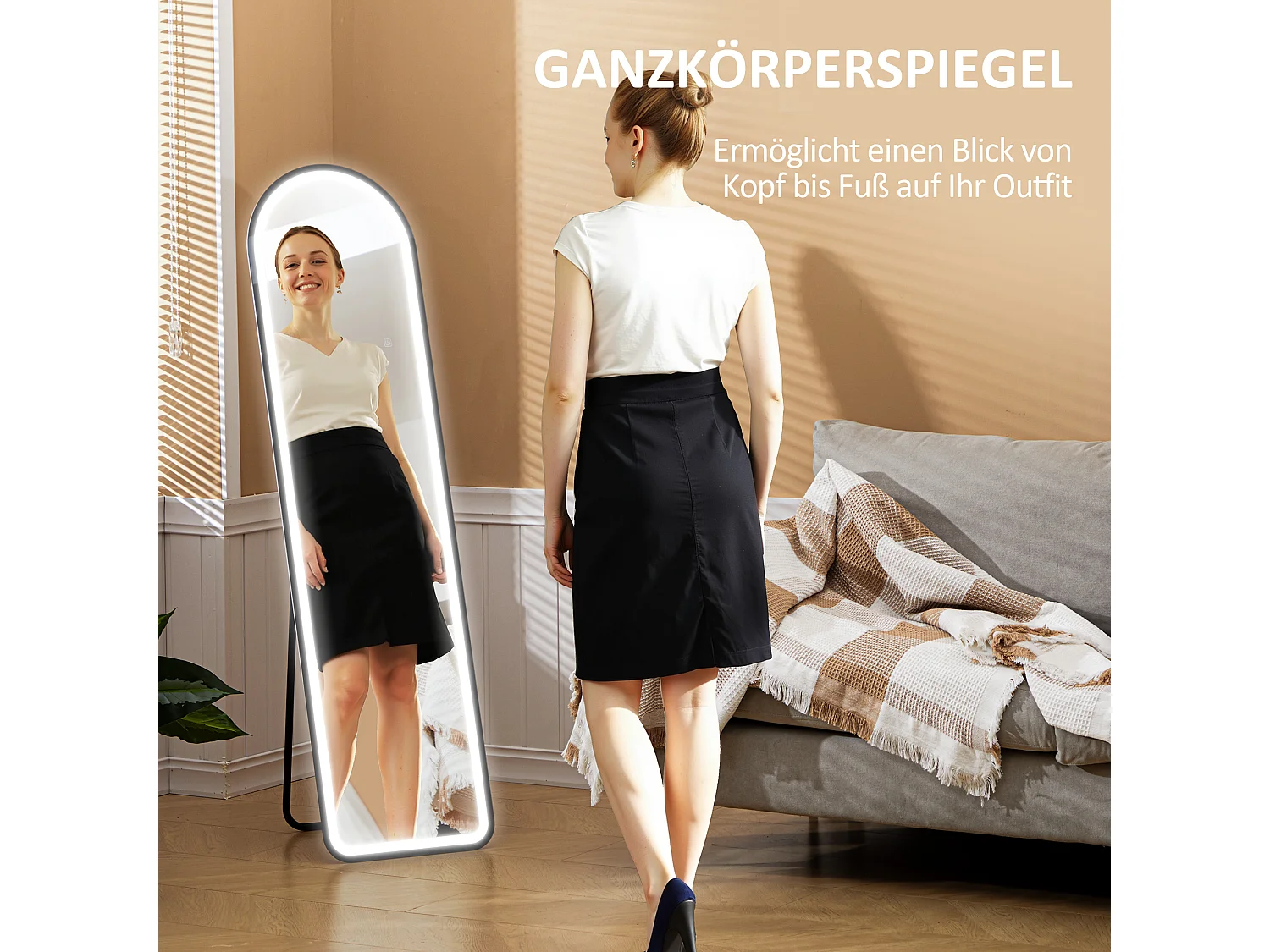 Specchio da terra a figura intera con illuminazione a LED, 3 paralumi, vetro temperato, nero (150x40x3cm)