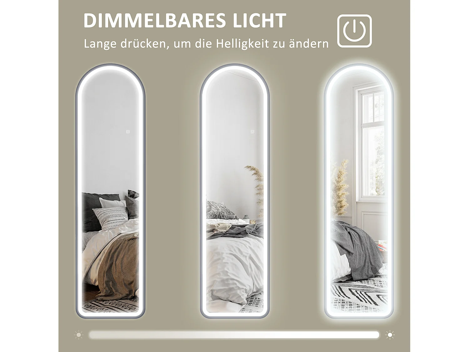 Specchio da terra a figura intera con illuminazione a LED, 3 paralumi, vetro temperato, nero (150x40x3cm)