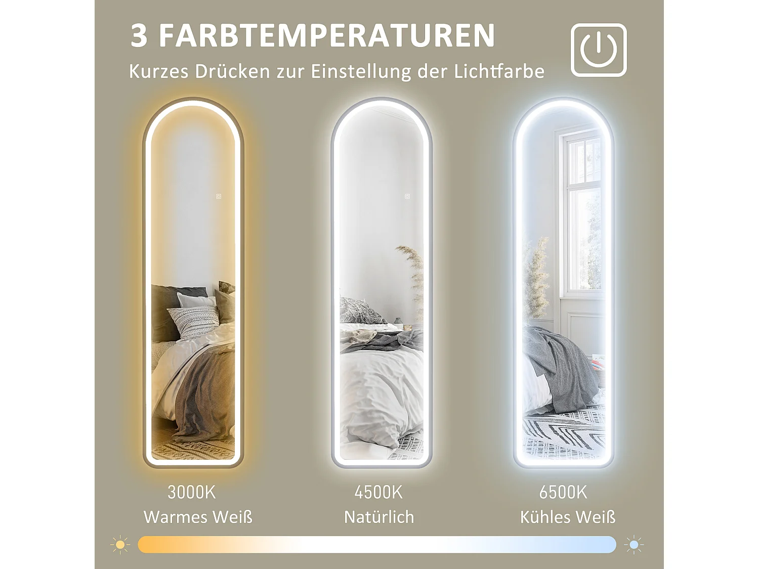 Specchio da terra a figura intera con illuminazione a LED, 3 paralumi, vetro temperato, nero (150x40x3cm)