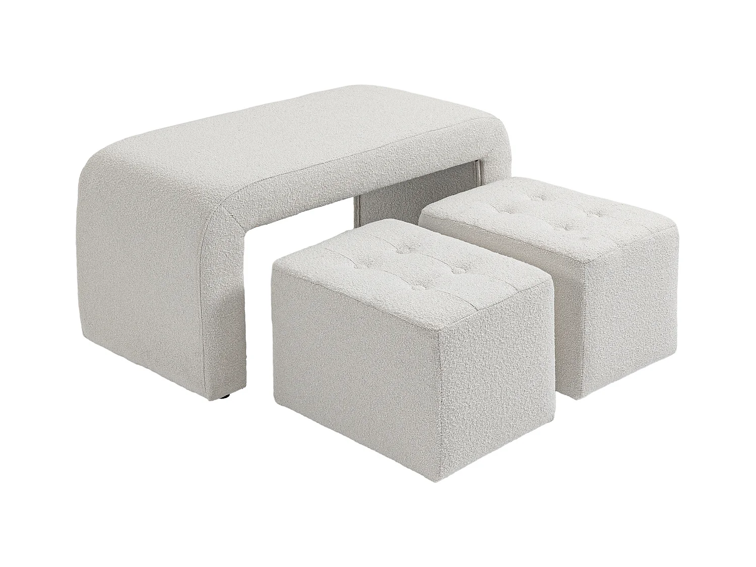 Set de 3 poufs ottomans, structure en eucalyptus, tissu polyester, blanc élégant (89x42.5x45cm)