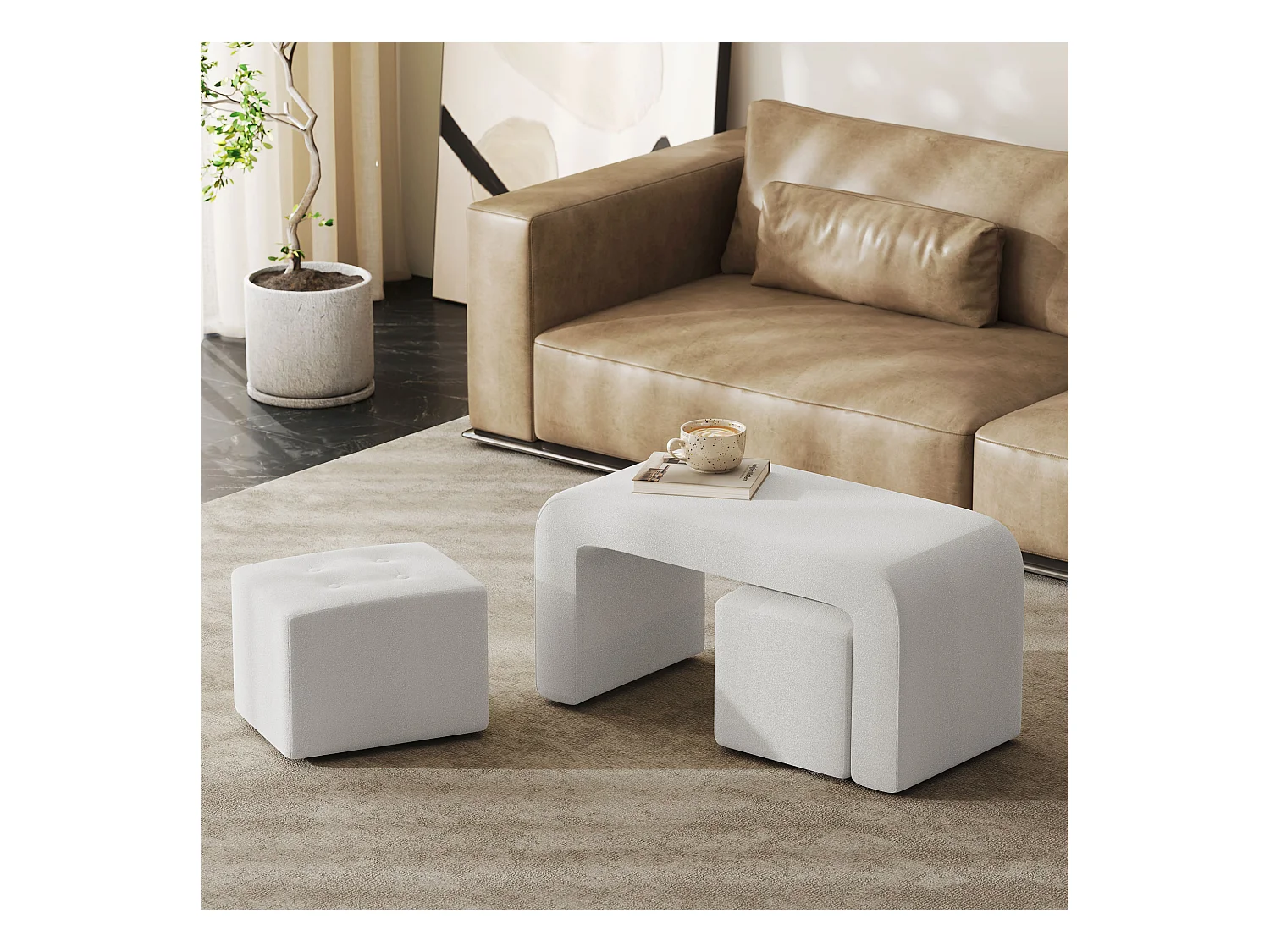 Set de 3 poufs ottomans, structure en eucalyptus, tissu polyester, blanc élégant (89x42.5x45cm)