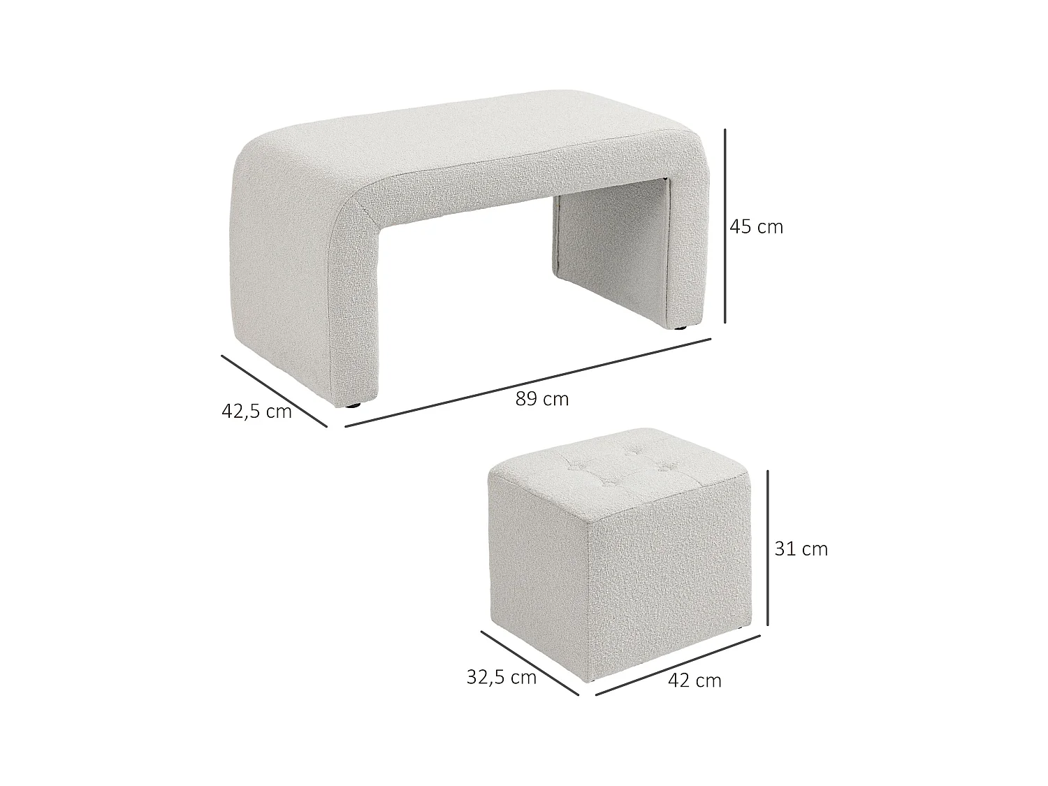 Set de 3 poufs ottomans, structure en eucalyptus, tissu polyester, blanc élégant (89x42.5x45cm)