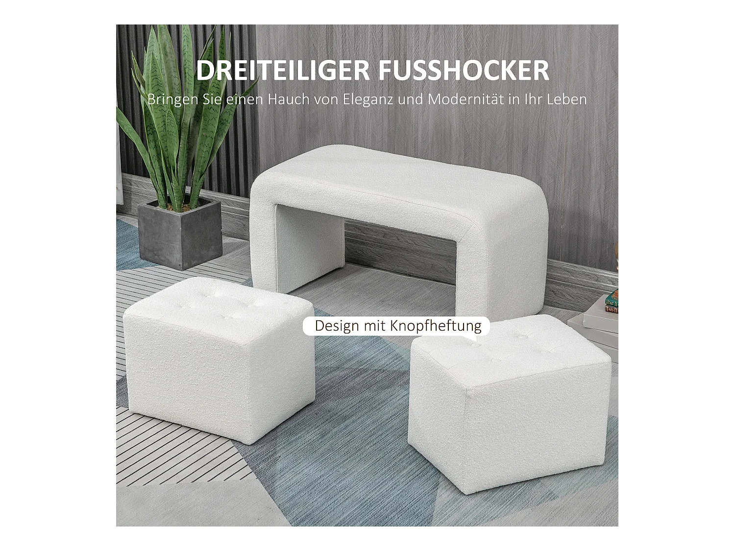 Set de 3 poufs ottomans, structure en eucalyptus, tissu polyester, blanc élégant (89x42.5x45cm)