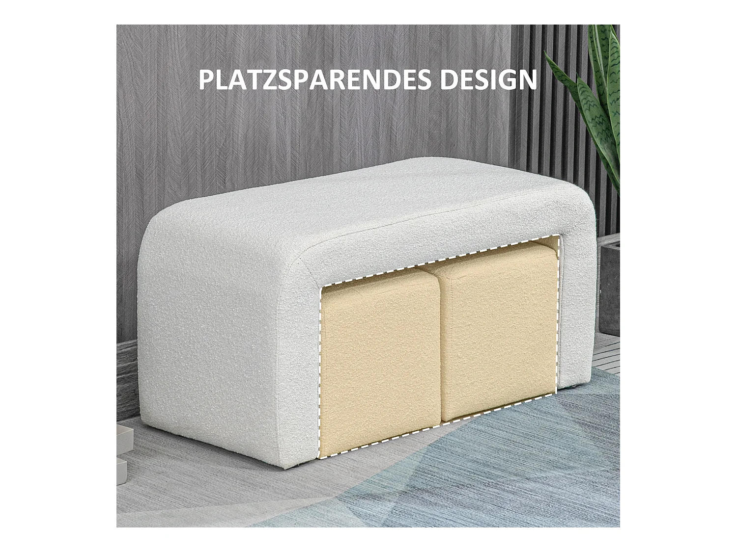Set de 3 poufs ottomans, structure en eucalyptus, tissu polyester, blanc élégant (89x42.5x45cm)