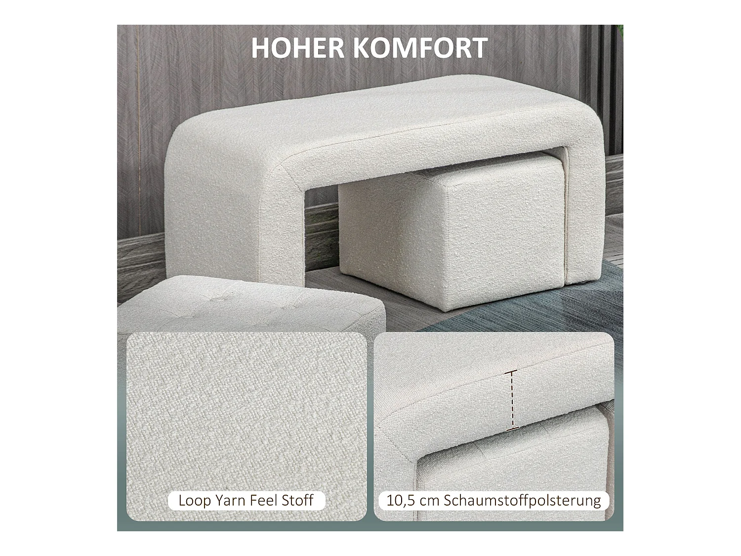 Set de 3 poufs ottomans, structure en eucalyptus, tissu polyester, blanc élégant (89x42.5x45cm)