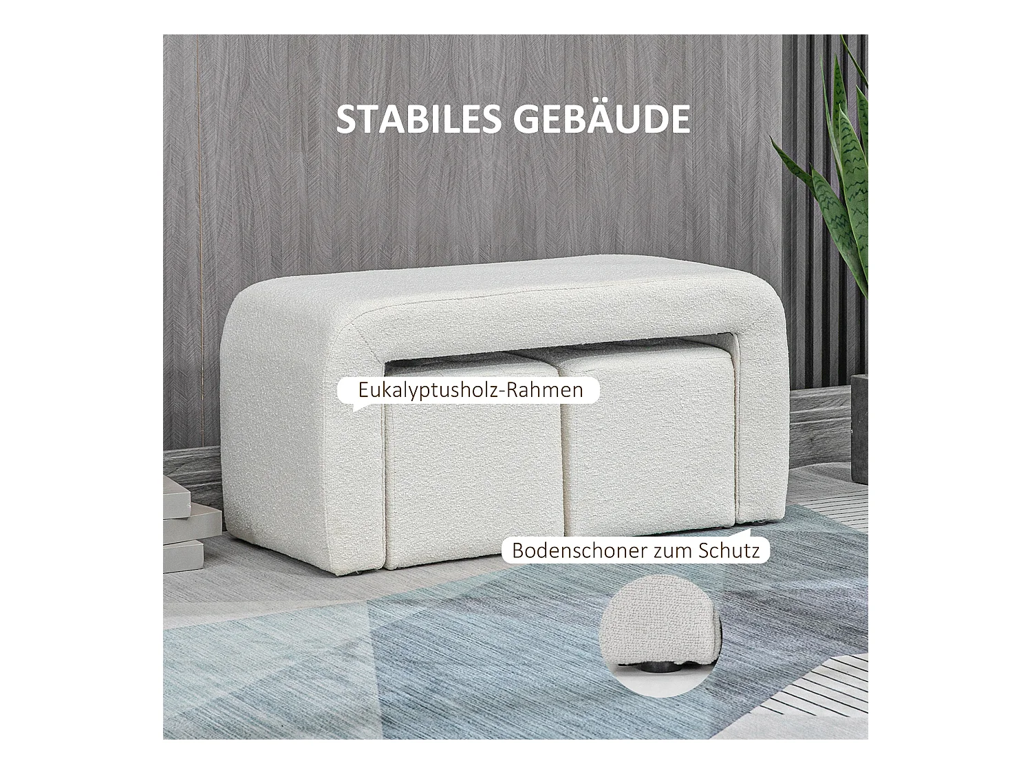 Set de 3 poufs ottomans, structure en eucalyptus, tissu polyester, blanc élégant (89x42.5x45cm)