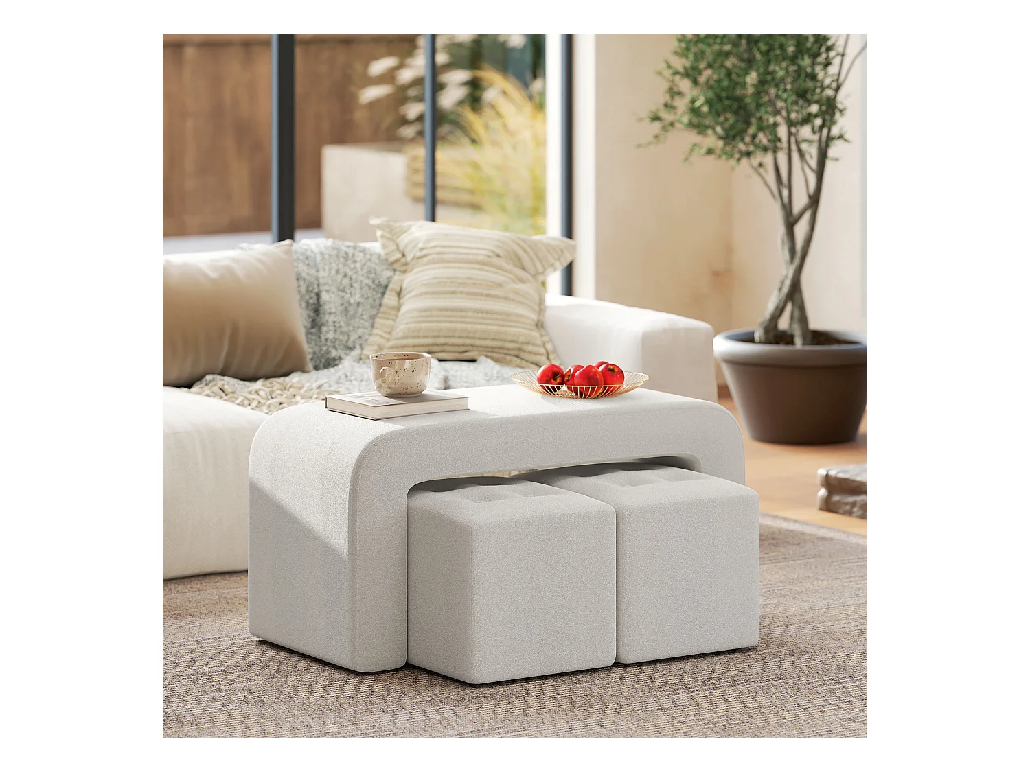 Set de 3 poufs ottomans, structure en eucalyptus, tissu polyester, blanc élégant (89x42.5x45cm)