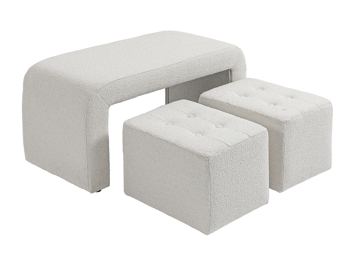 Set de 3 poufs ottomans, structure en eucalyptus, tissu polyester, blanc élégant (89x42.5x45cm)