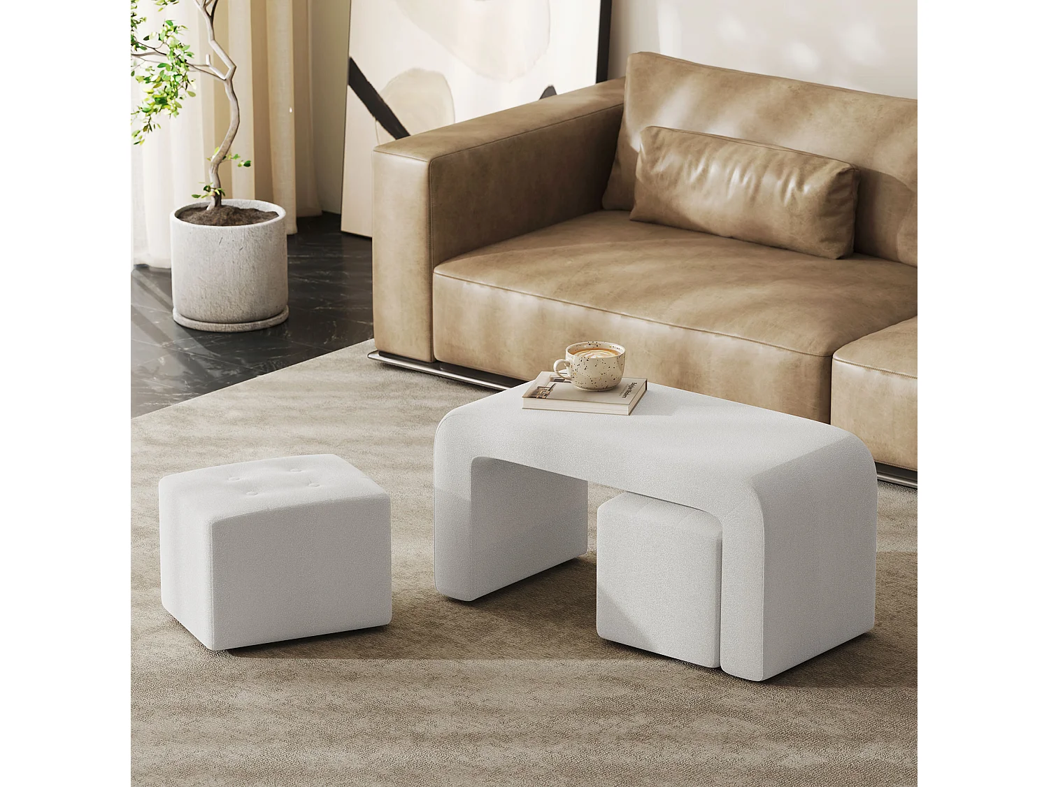 Set de 3 poufs ottomans, structure en eucalyptus, tissu polyester, blanc élégant (89x42.5x45cm)