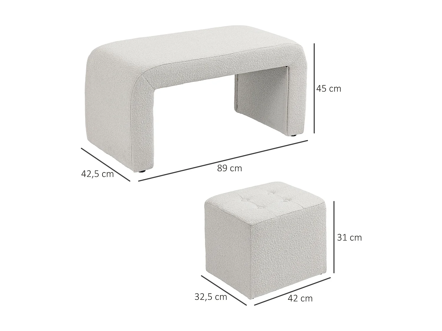 Set de 3 poufs ottomans, structure en eucalyptus, tissu polyester, blanc élégant (89x42.5x45cm)