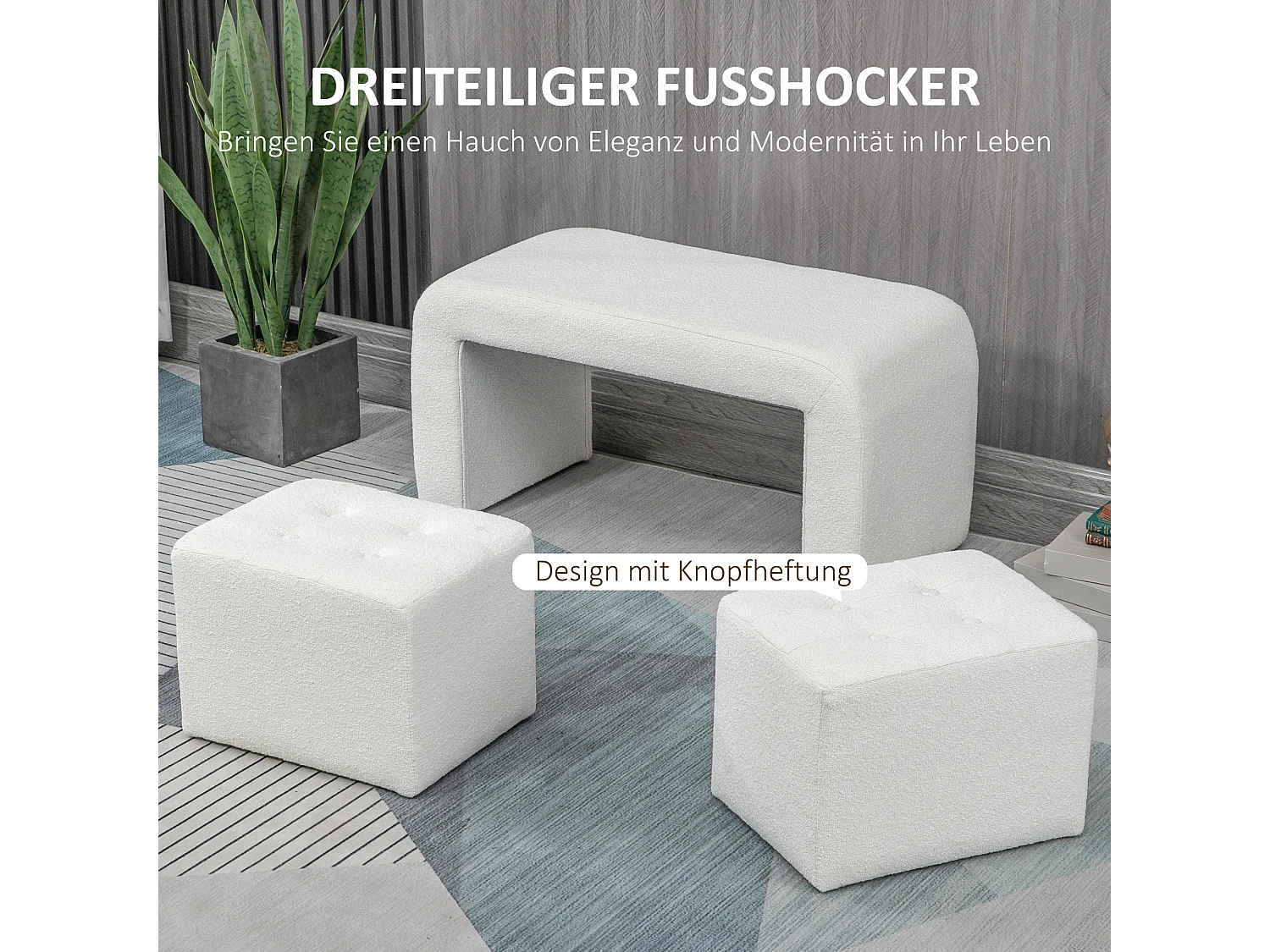 Set de 3 poufs ottomans, structure en eucalyptus, tissu polyester, blanc élégant (89x42.5x45cm)
