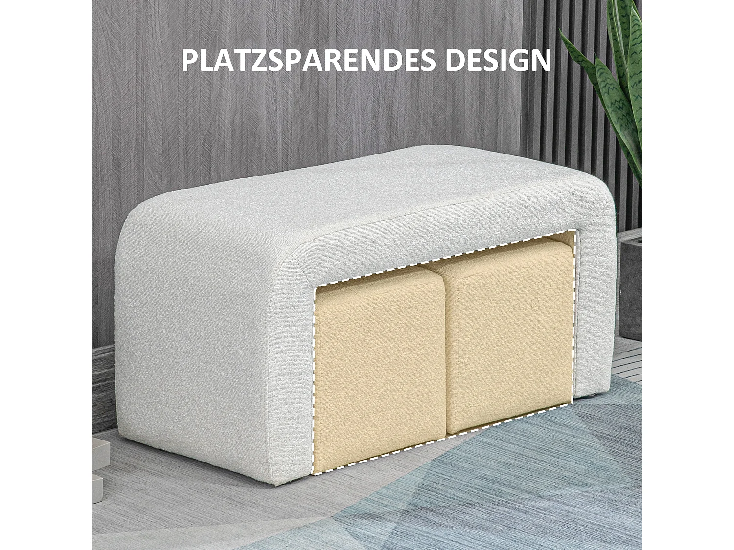 Set de 3 poufs ottomans, structure en eucalyptus, tissu polyester, blanc élégant (89x42.5x45cm)
