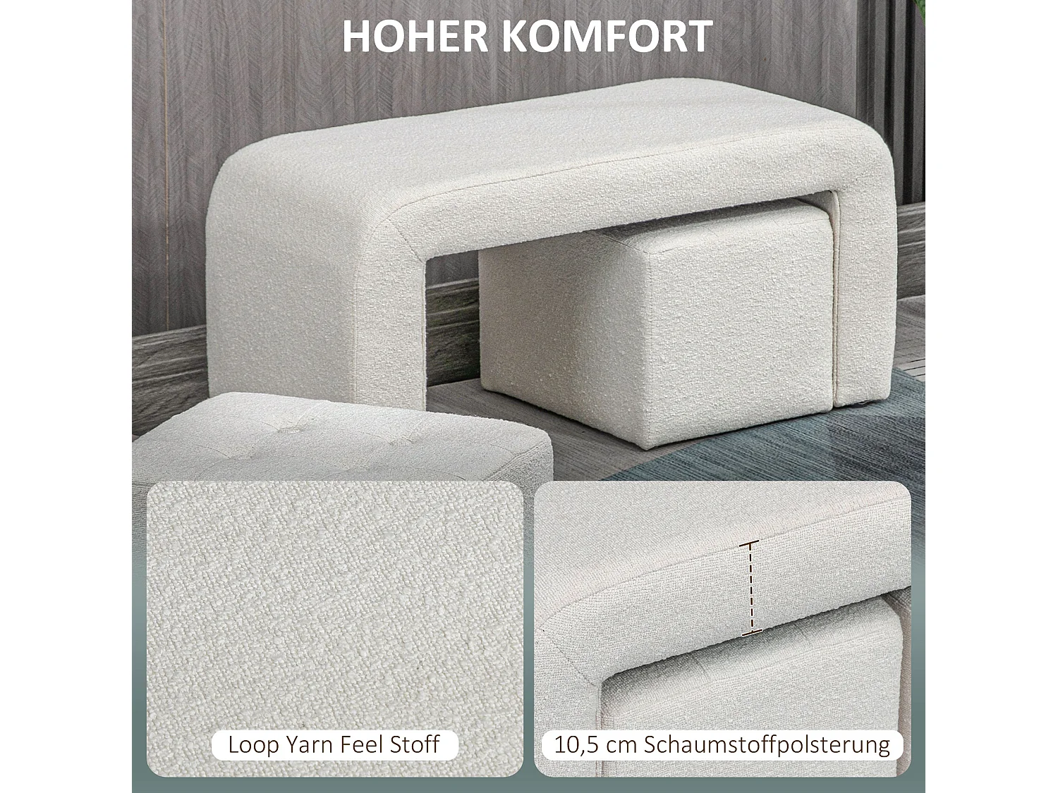 Set de 3 poufs ottomans, structure en eucalyptus, tissu polyester, blanc élégant (89x42.5x45cm)