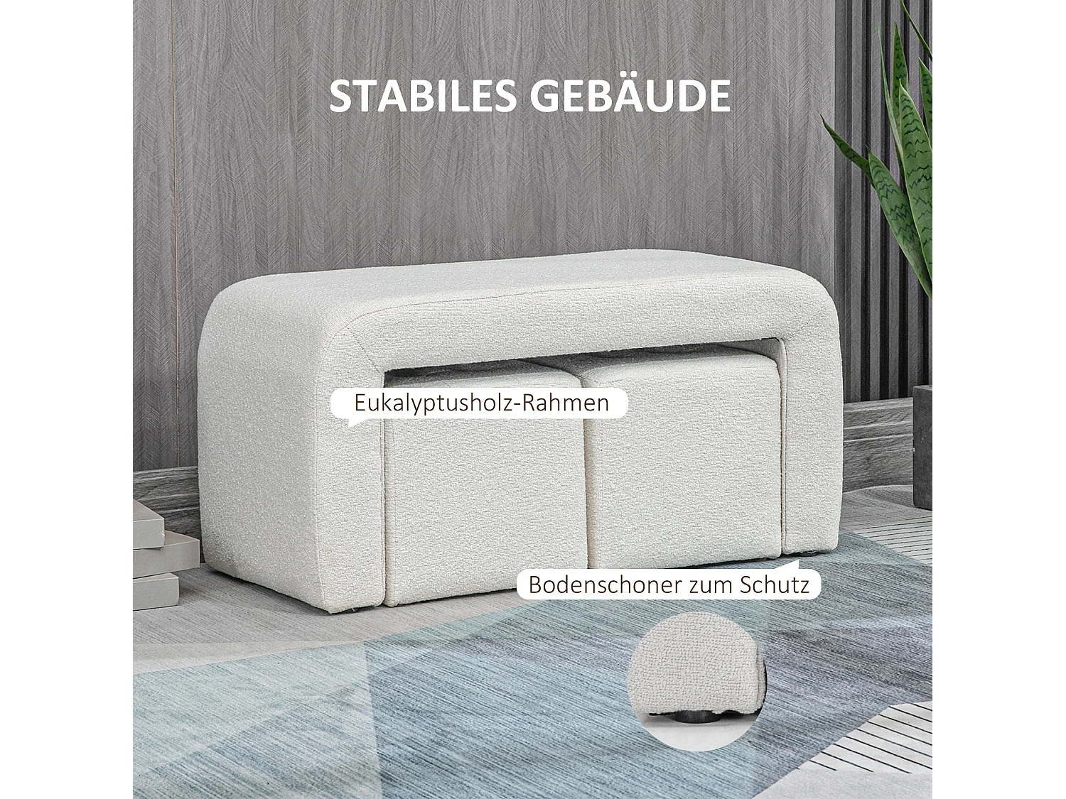 Set de 3 poufs ottomans, structure en eucalyptus, tissu polyester, blanc élégant (89x42.5x45cm)