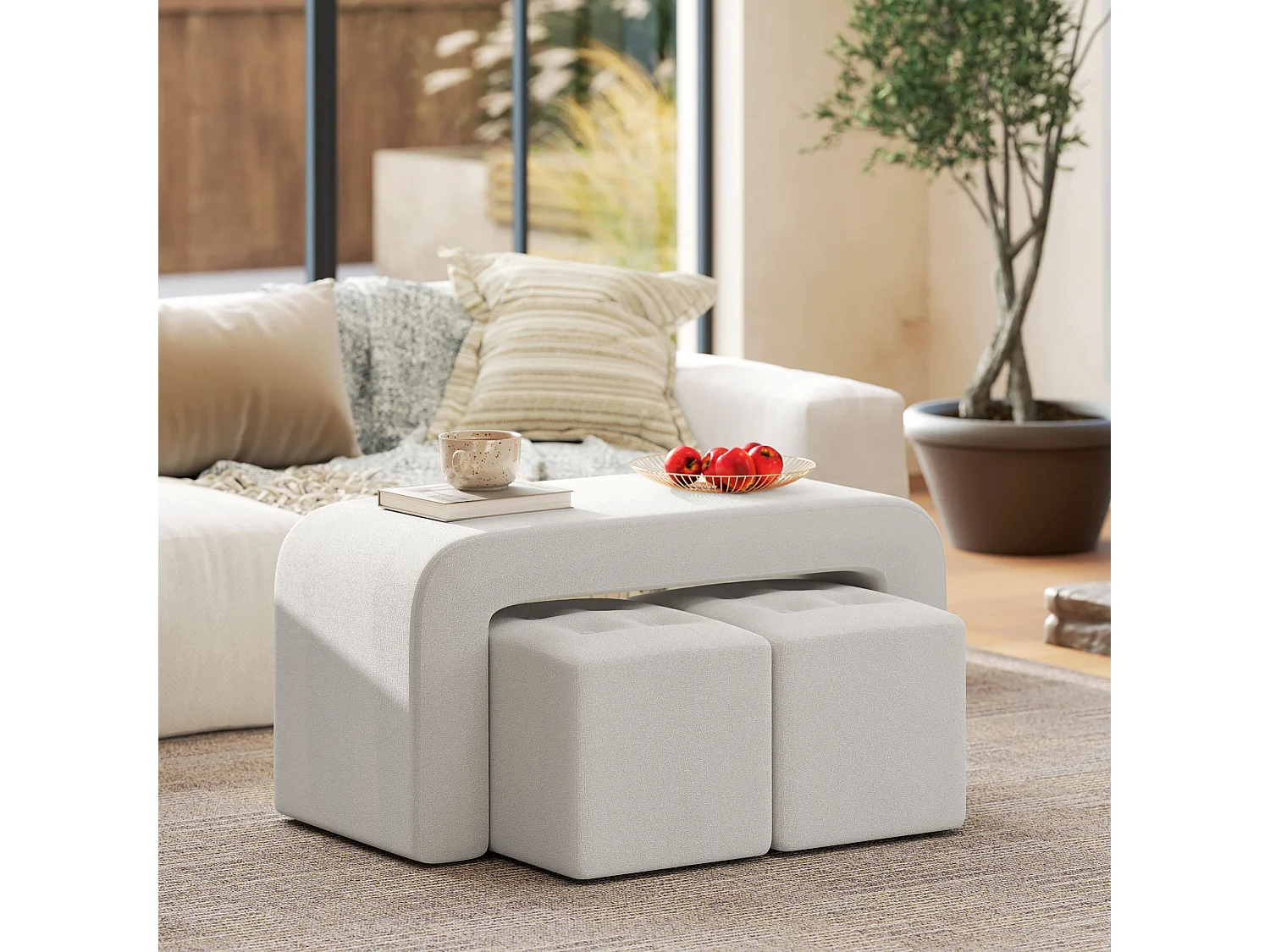 Set de 3 poufs ottomans, structure en eucalyptus, tissu polyester, blanc élégant (89x42.5x45cm)