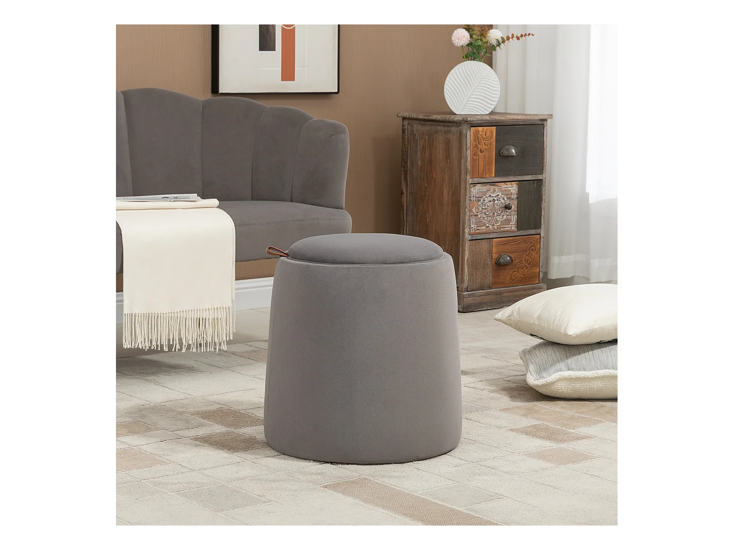 Pouf ottomane 2-en-1 avec rangement, couvercle amovible, velours gris foncé (44x44x47.5cm)