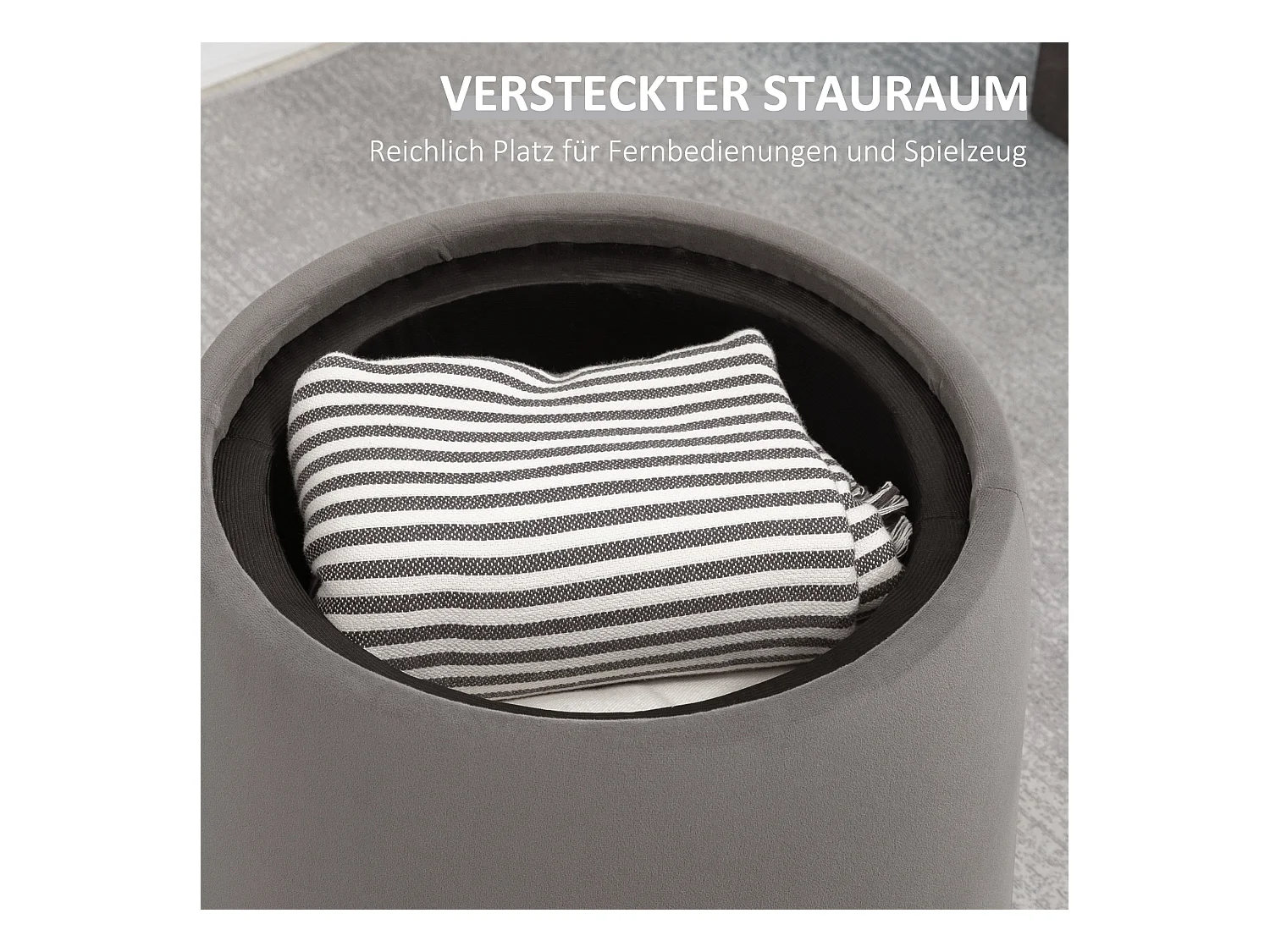 Pouf ottomane 2-en-1 avec rangement, couvercle amovible, velours gris foncé (44x44x47.5cm)