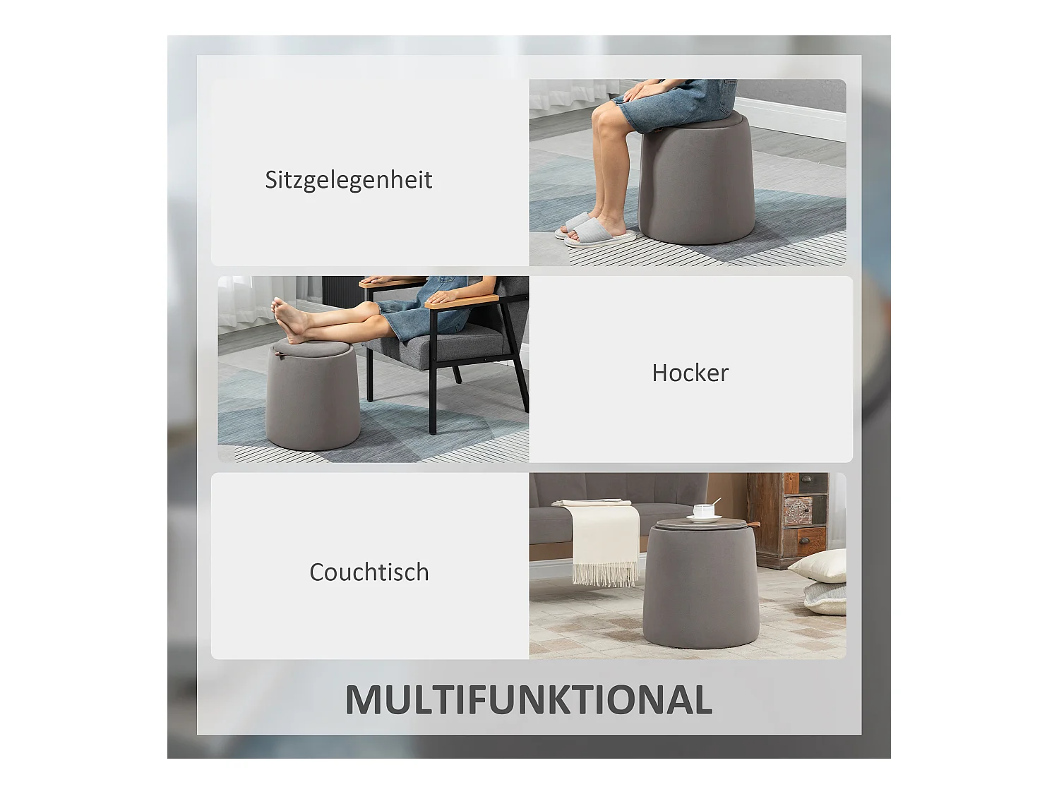 Pouf ottomane 2-en-1 avec rangement, couvercle amovible, velours gris foncé (44x44x47.5cm)