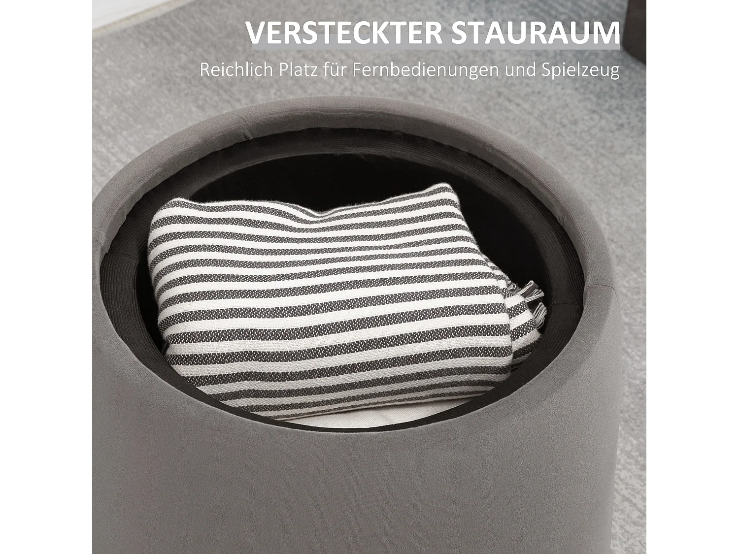 Pouf ottomane 2-en-1 avec rangement, couvercle amovible, velours gris foncé (44x44x47.5cm)