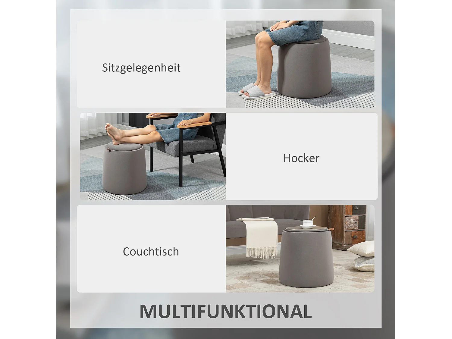 Pouf ottomane 2-en-1 avec rangement, couvercle amovible, velours gris foncé (44x44x47.5cm)