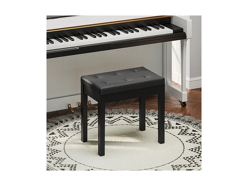 Banc de piano avec rangement, pieds en bois, simili cuir noir, coussin rembourré (55x34x50cm)