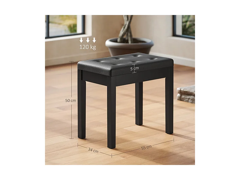 Banc de piano avec rangement, pieds en bois, simili cuir noir, coussin rembourré (55x34x50cm)