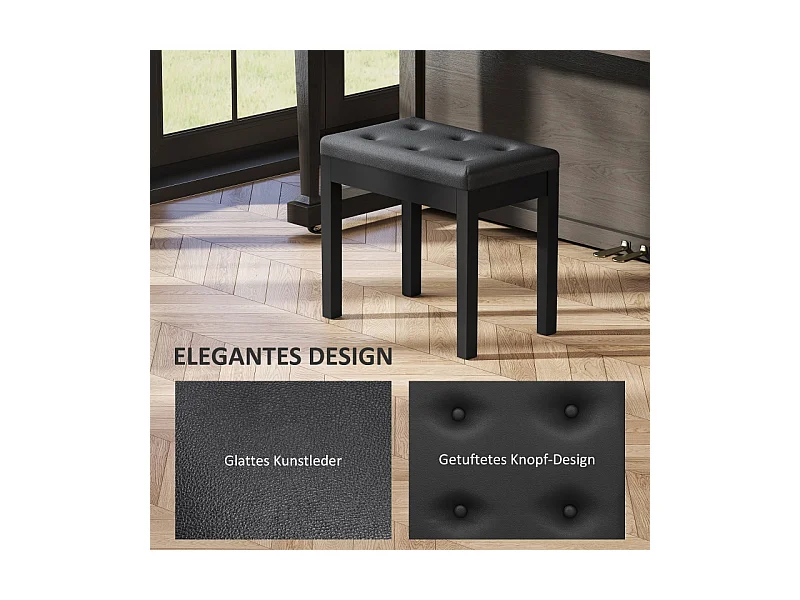Banc de piano avec rangement, pieds en bois, simili cuir noir, coussin rembourré (55x34x50cm)