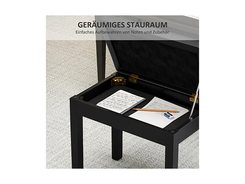 Banc de piano avec rangement, pieds en bois, simili cuir noir, coussin rembourré (55x34x50cm)