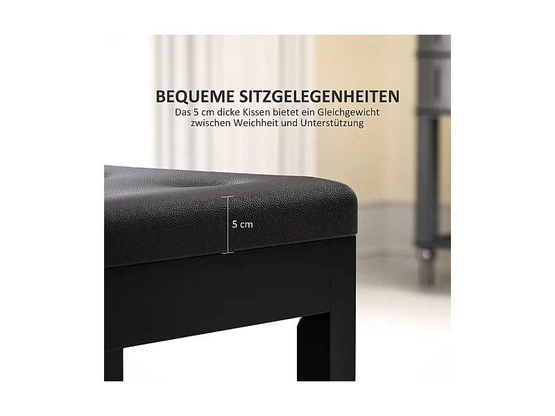 Banc de piano avec rangement, pieds en bois, simili cuir noir, coussin rembourré (55x34x50cm)
