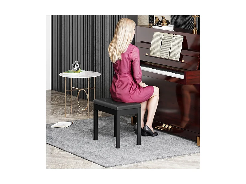 Banc de piano avec rangement, pieds en bois, simili cuir noir, coussin rembourré (55x34x50cm)