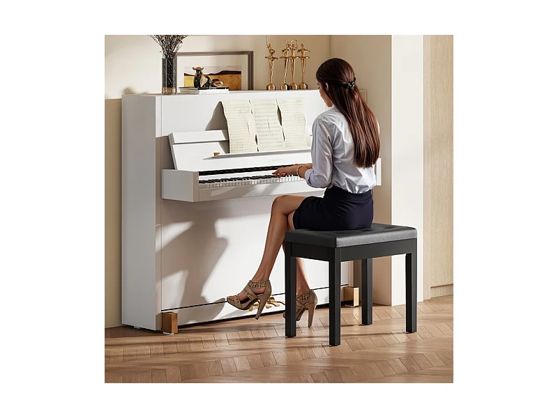 Banc de piano avec rangement, pieds en bois, simili cuir noir, coussin rembourré (55x34x50cm)