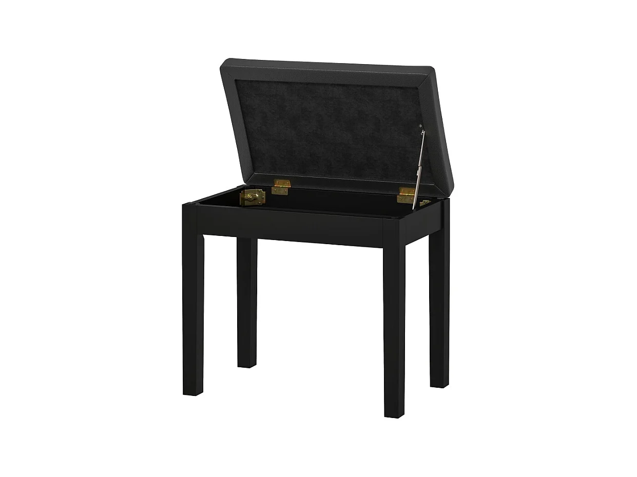 Banco de piano con almacenaje, patas de madera, piel sintética negra, cojín acolchado (55x34x50cm)