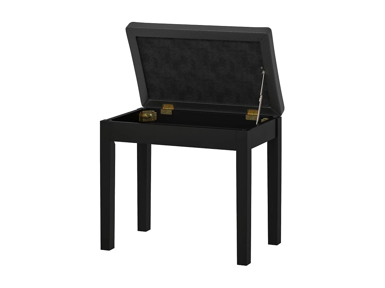 Banc de piano avec rangement, pieds en bois, simili cuir noir, coussin rembourré (55x34x50cm)
