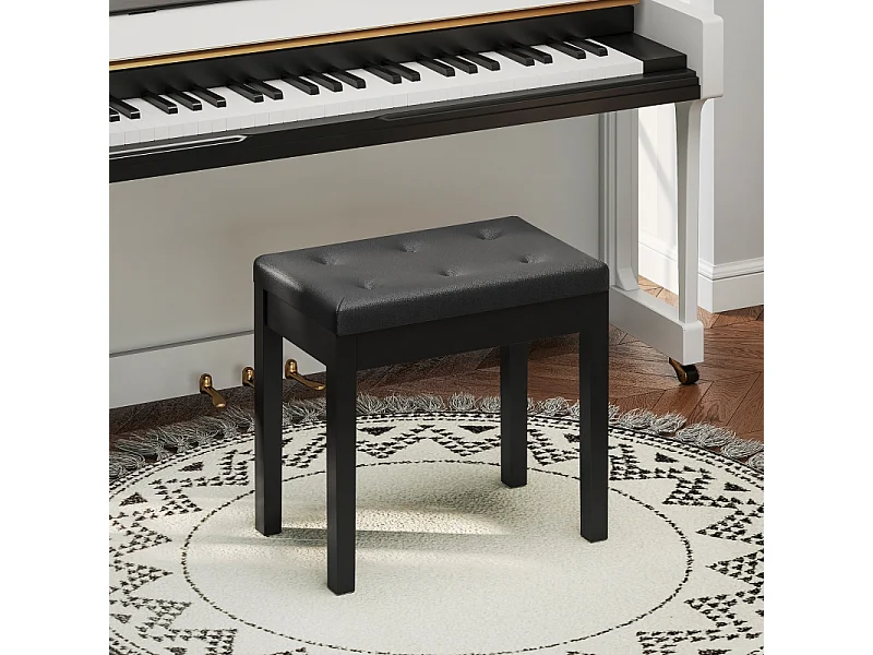 Banc de piano avec rangement, pieds en bois, simili cuir noir, coussin rembourré (55x34x50cm)