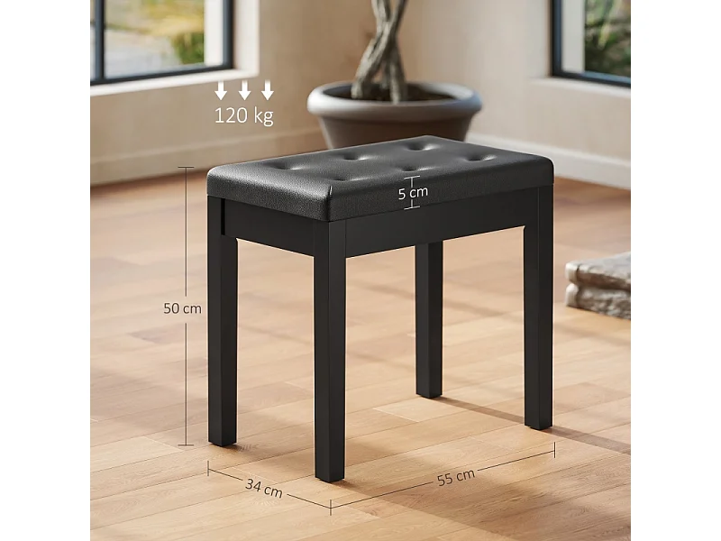 Banc de piano avec rangement, pieds en bois, simili cuir noir, coussin rembourré (55x34x50cm)