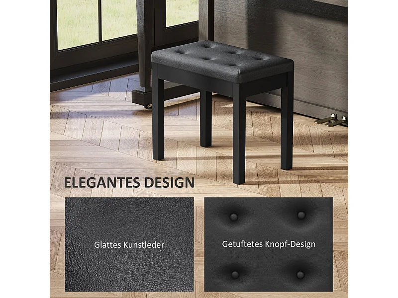 Banc de piano avec rangement, pieds en bois, simili cuir noir, coussin rembourré (55x34x50cm)