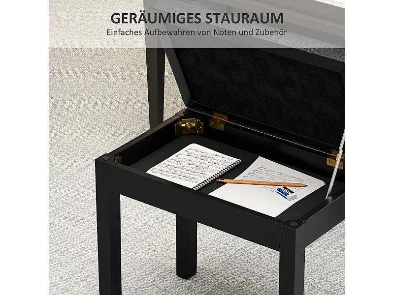 Banc de piano avec rangement, pieds en bois, simili cuir noir, coussin rembourré (55x34x50cm)