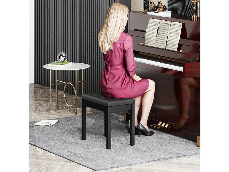 Banc de piano avec rangement, pieds en bois, simili cuir noir, coussin rembourré (55x34x50cm)