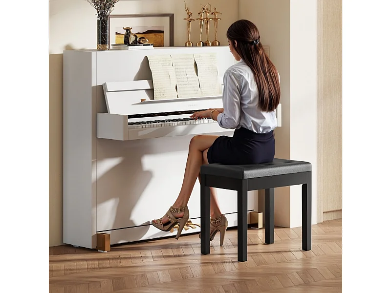 Banc de piano avec rangement, pieds en bois, simili cuir noir, coussin rembourré (55x34x50cm)