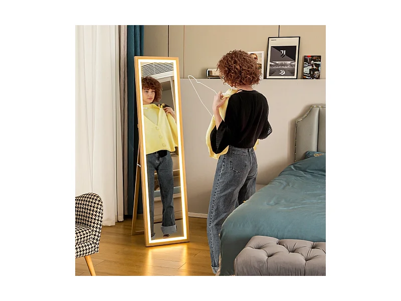 Miroir corporel avec LED, 3 couleurs de lumière, miroir mural avec commande tactile, miroir sur pied, chêne (40x5x160 cm)