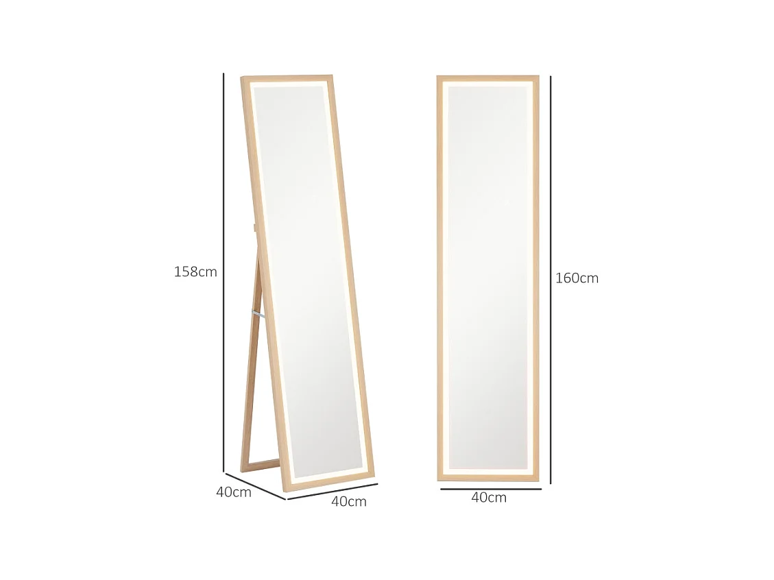 Miroir corporel avec LED, 3 couleurs de lumière, miroir mural avec commande tactile, miroir sur pied, chêne (40x5x160 cm)