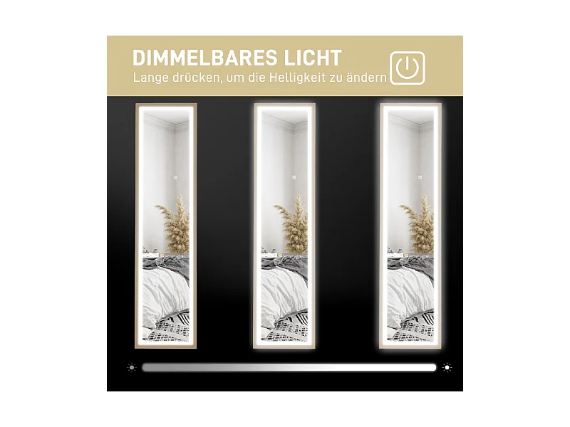 Miroir corporel avec LED, 3 couleurs de lumière, miroir mural avec commande tactile, miroir sur pied, chêne (40x5x160 cm)